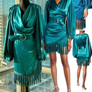 🆕 BRONX & BANCO🧿 NWOT Monica Long Sleeve Satin Wrap Dress Fringed Hem - M US6